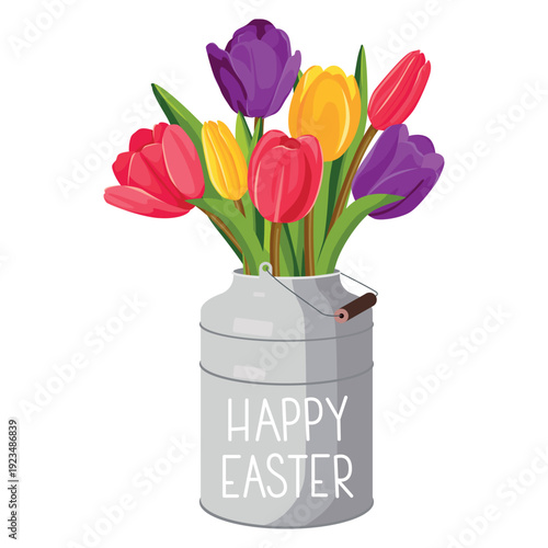 Happy Easter card with can of colorful tulips