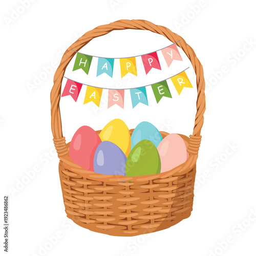 Simple Happy Easter card with garland and easter backet eggs.