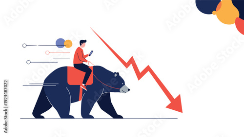 Concerned investor rides a bear during a financial market crash representing a bearish trend and significant economic downturn in global trade.