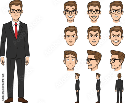 Vector illustration of businessman in suit with glasses, multiple facial expressions, head angles, character design decorative motifs