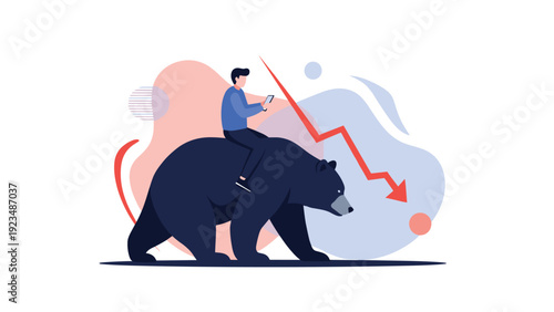 Financial expert monitors market volatility while riding a bear representing a persistent bearish trend and declining stock values in the economy.