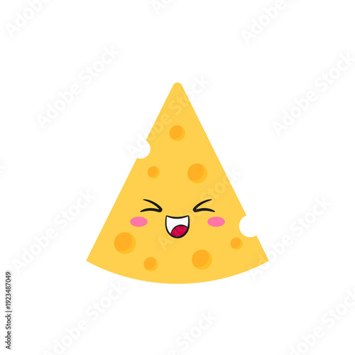 Cute cheese, happy smiling face, fun cartoon character, emotions joy delight, dairy product, cheese is an ingredient for pizza and pasta, vector illustration.