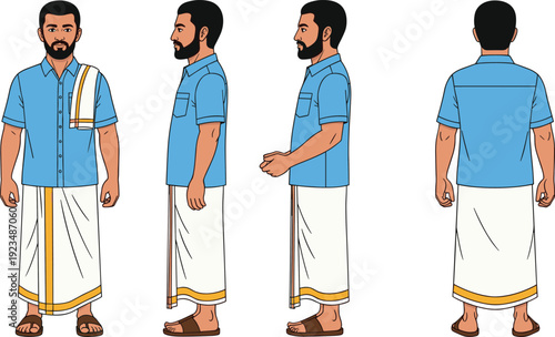 Vector illustration of South Indian man in traditional attire with dhoti, shirt, cultural clothing design, character sheet decorative motifs