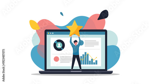 Business professional achieves a top rating for exceptional performance and data analysis shown on a digital dashboard with various growth charts.