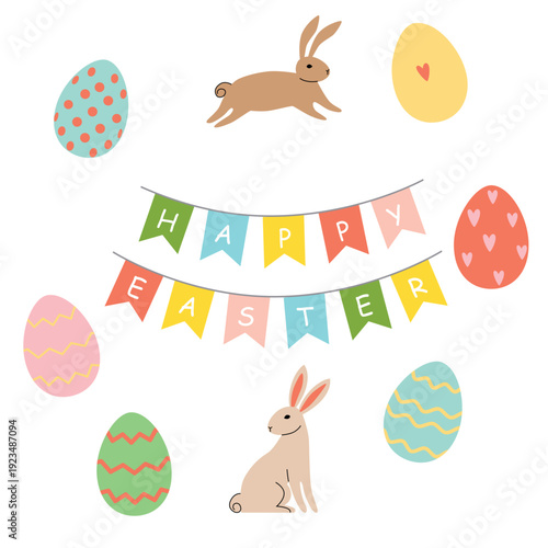 Simple Happy Easter card with easter garland, eggs and rabbits. 