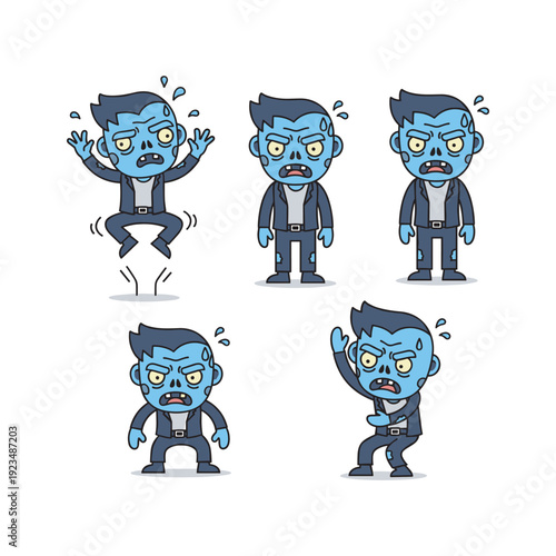 Frustrated cartoon man in various poses expressing anger and stress