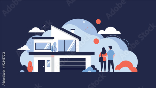 Happy couple admires a contemporary house with a garage as they prepare to invest in their dream home through a professional real estate agency.