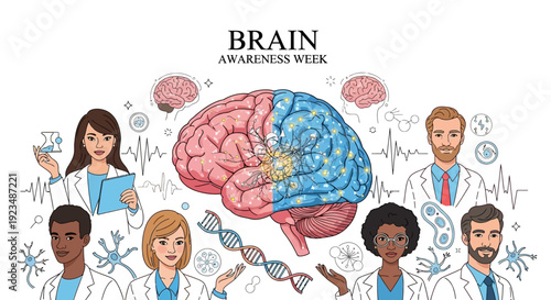 Illustration of diverse people with a large brain and various neuroscience-related elements for Brain Awareness Week, promoting brain health and neurological education.