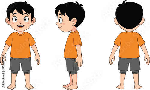 Vector illustration of cartoon boy character turnaround sheet with casual clothing, multiple views, animation design reference decorative motifs