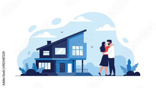 Joyful couple celebrates purchasing their new modern home together and looks forward to starting a new chapter of their lives in the suburbs.