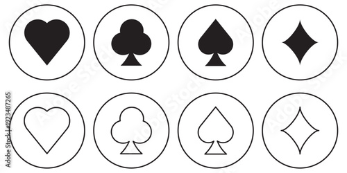 Playing card suit icons set including hearts diamonds clubs and spades in red and black solid fill and outline styles. suit deck of playing cards. 