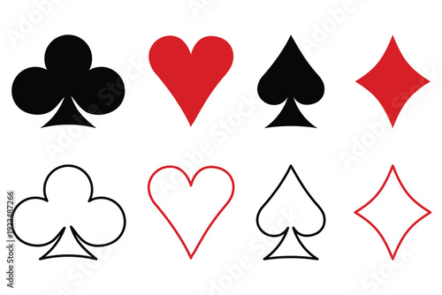 Playing card suit icons set including hearts diamonds clubs and spades in red and black solid fill and outline styles. suit deck of playing cards. 