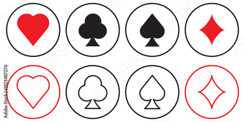 Playing card suit icons set including hearts diamonds clubs and spades in red and black solid fill and outline styles. suit deck of playing cards. 