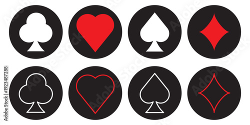 Hearts diamonds clubs spades sign chips. Suit deck of playing cards.  simple flat shapes casino gambling game design vector illustration.