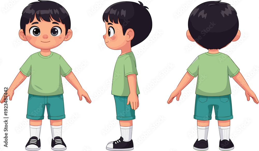 Fototapeta premium Vector illustration of young boy in casual outfit with shirt, shorts, sneakers, multiple turnaround views, character design motifs 