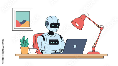 Intelligent humanoid robot performs office tasks on a laptop to demonstrate the increasing role of automation and artificial intelligence in business.