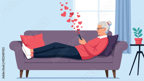 Senior woman stays connected with her family and friends by using a smartphone to share love and positive emotions through social media apps.