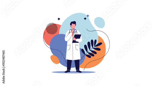 Experienced doctor in a white lab coat stands with a clipboard and ponders the best medical treatment for a patient in a modern healthcare clinic.