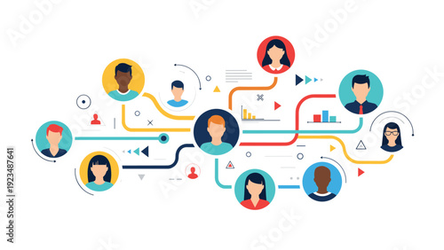 Complex professional network connects experts from various backgrounds through a digital platform with integrated data analysis and growth metrics.