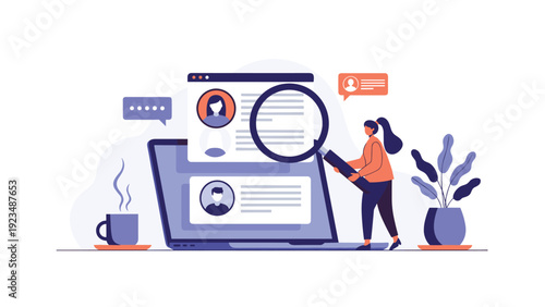 Recruitment specialist uses a magnifying glass to carefully review candidate profiles on a laptop screen and select the best talent for the company.