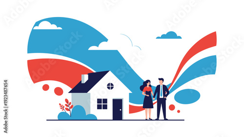 Young couple stands proudly in front of their first minimalist house to celebrate a successful property investment and start a family life together.