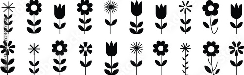 "Collection of 20 stylized black flower icons featuring diverse petal shapes, leaf arrangements, and decorative silhouettes for design, patterns, logos, and creative projects"