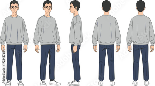 Vector illustration of male character turnaround sheet with glasses, casual clothing, multiple views, animation design reference decorative motifs