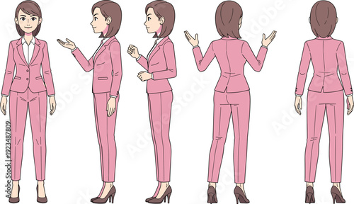 Vector illustration of woman in pink business suit with multiple turnaround views, character design fashion reference decorative motifs