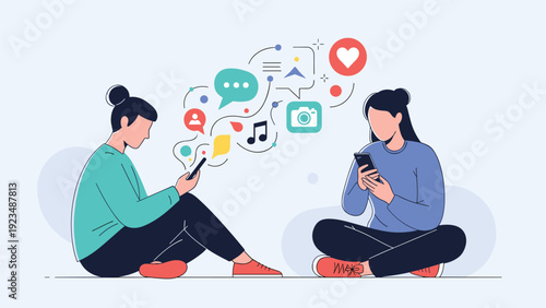 Two women sitting on the floor using their smartphones while colorful social media and communication icons float in the air between them.