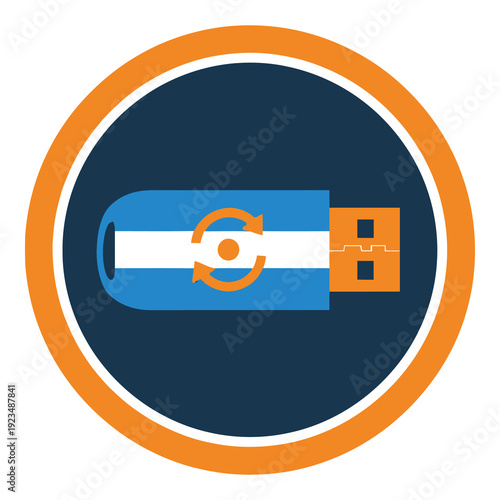 Usb flash drive with orange arrows on blue and white body in circle icon