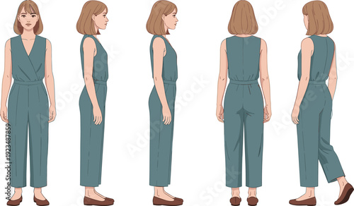 Vector illustration of woman in teal jumpsuit with multiple turnaround views, fashion design reference, clothing pattern decorative motifs