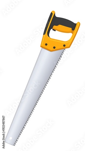 Illustration of a yellow and black hand saw with a serrated metal blade