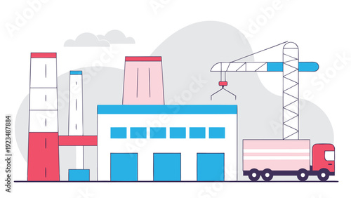 Flat graphic illustration of a manufacturing plant featuring tall industrial structures, a factory building, a claw crane, and a truck.