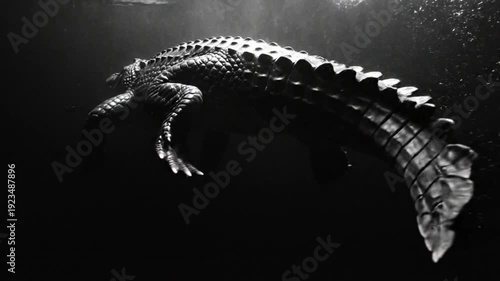 Dramatic black and white underwater shot of an alligator swimming in a dark environment creating bubbles