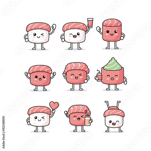 Cartoon sushi characters with different emotions and actions on white background