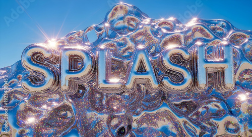 Y3K Surreal Floating Melted Trippy Liquid chrome Typography of 'Splash' with Shiny Prism ,blue sky backdrop, glitter effect for reflection of light
