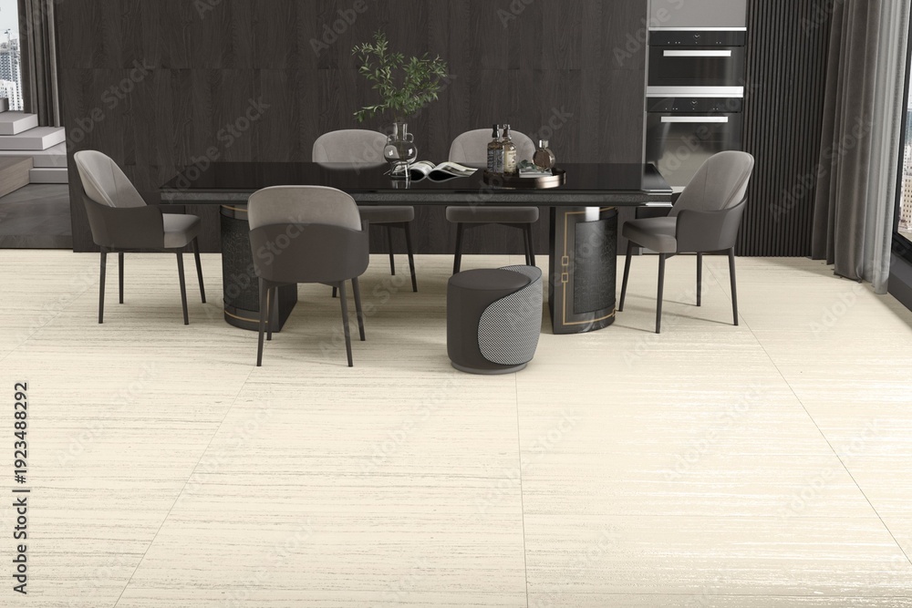 Fototapeta premium Modern dining area showcasing quartz buffet console, stone-textured flooring, elegant chairs, and layered lighting decor, beige wooden flooring. Mockup. 3D Rendering