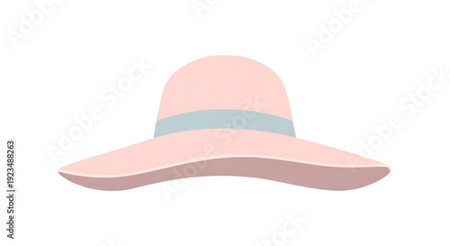Elegant wide-brimmed pink sun hat illustration with a delicate light blue band, a perfect accessory for summer fashion, beach vacations, and stylish outdoor leisure