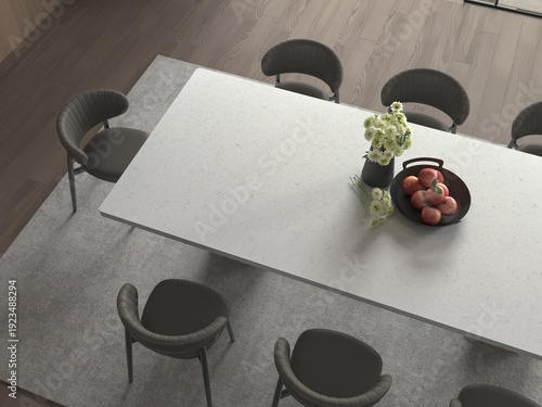 Foto Top view dining room interior with marble tabletop, patterned wall tiles, statement chandelier, and curated decor accents