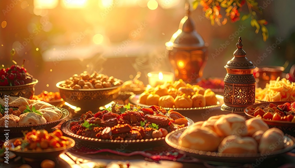 Fototapeta premium Abundant Middle Eastern food spread with lanterns and warm sunlight.