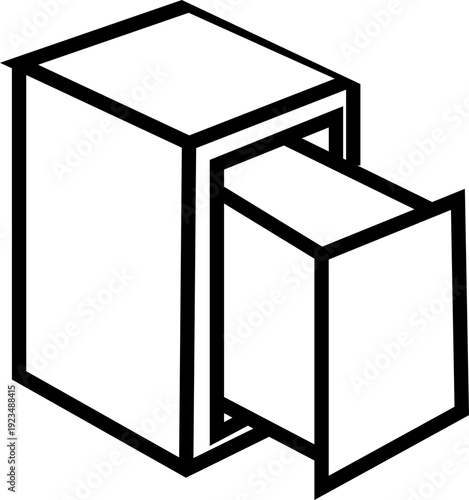 Retail storage and inventory containers drawer icon, in bold style: storage bin, metal shelf, pallet, crate, file box, lockable cabinet, storage paper, plastic drawer, label holder. Vector icons