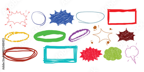 Hand drawn crayon box frame with black pen border and doodle rectangle shape. Dialogue cloud shapes, cartoon crayon communication frame, text box 