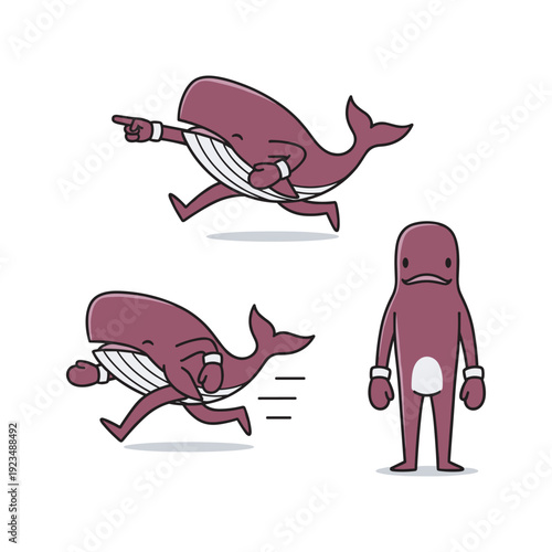 Cartoon whale boxer character in different poses with boxing gloves on a white background