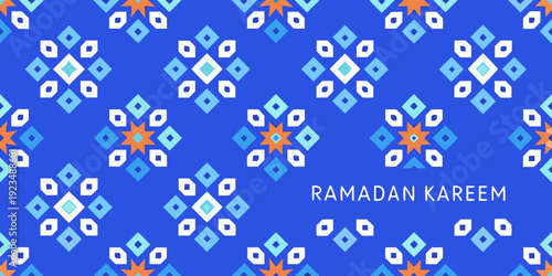 Geometric islamic pattern with ramadan kareem text overlayed on blue