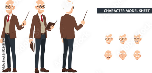 Vector illustration of elderly male character model sheet with blazer, book, pointer, multiple views, facial expressions decorative motifs