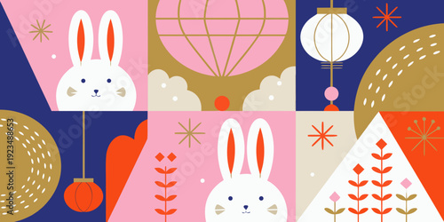 A whimsical colorful illustration featuring rabbits balloons and lanterns