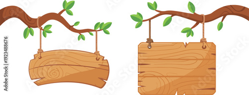 Rustic wooden hanging signboards vector illustration set featuring tree branches with green leaves isolated on white for decorative designs