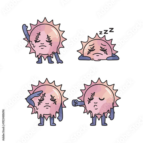 Tired sun character feeling exhausted and sleeping with copy space