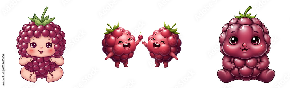 Obraz premium A group of cute cartoon raspberries and a raspberry character on transparent background