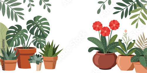 Collection of potted houseplants and flowering plants in ceramic pots isolated on white for home decor and interior design projects